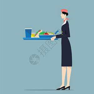 一顿饭空中小姐持有托盘D的航空公司女招待午餐图片