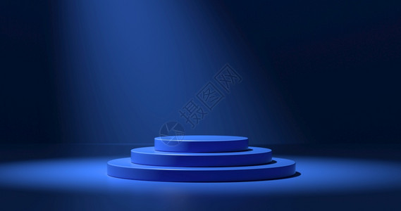黑暗的站立讲台蓝色展览关闭空白圆周顶平台3D阴影下两盏灯是来自顶端的深蓝背景图片