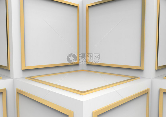 艺术装饰品灰色的3d在白立方体框角形壁背景上的抽象金色方形块图片