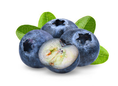 蓝莓和绿色叶子紧闭的绿树叶在白色背景上隔离的营养饮食图片