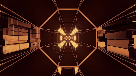 未来派金的建造创意无尽未来科幻隧道走廊与技术纹理3d插图壁纸背景形