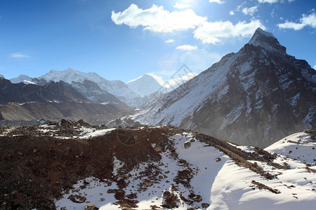 尼泊尔珠峰吉亚松巴冰川喜马拉雅山和旅行雪天空图片