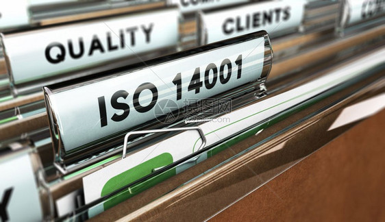 主要的以ISO140字关闭一个文件标签重点是主文本和模糊效果用于显示质量标准的概念图像ISO140程序认证图片