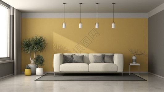 室内植物灰色和黄客厅有现代沙发咖啡桌和家用植物3D制成灰色和黄客厅有现代沙发窗帘优雅的图片