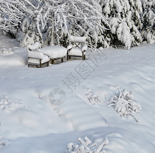 下雪的宁静冬季椅在花园院子的雪椅上冬天子上休息图片