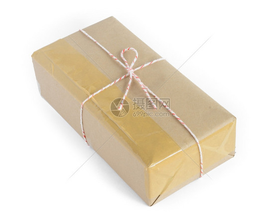 绳索密封棕色邮包裹装的递送与白色背景上的字符串和粘附胶带捆绑在一起展示图片
