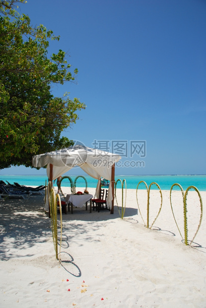 私人的马尔代夫热带海滩上美丽的婚礼帐篷心风景优美图片