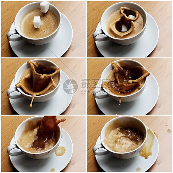 最佳目的新鲜两块糖方跌落到咖啡上从桌的杯子泼出咖啡简记照片拼贴图片