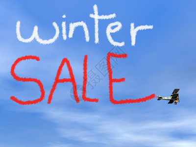 蓝色天空中双层烟雾的冬季销售信息3D双翼飞机形象的冬天图片