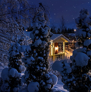 在寒雪的圣诞节冬季夜晚蓝色时刻在雪的圣诞夜晚紫化的房子季节住宅浪漫的图片