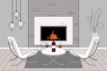 红酒杯现代家庭内地有壁炉的浪漫背景平板风格家具内部的图片