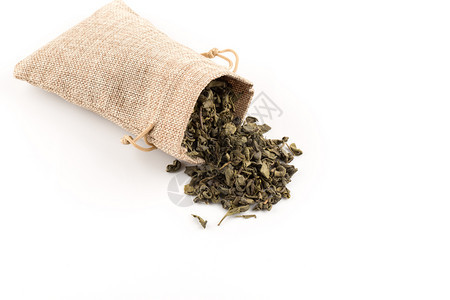 晒干海珊麻袋中的绿茶背景特写照片亚洲图片