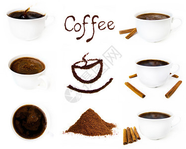 马克杯一大堆咖啡和地西尼蒙咖啡文字白色隔绝豆肉桂图片