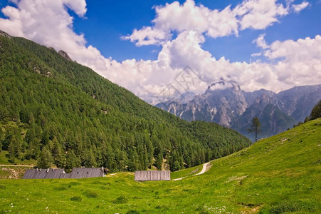 山地全景有肮脏的道路树木和蓝天空有云彩徒步旅行游谷图片