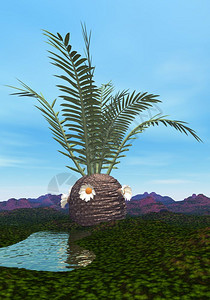 地面自然白天的Cycadeoidea树3D渲染池塘图片