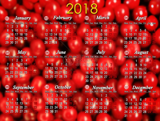 数字红樱桃背景上的2018年日历2018年红樱桃背景上的日历夏天程图片