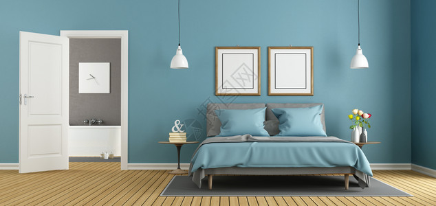 现代蓝色主卧室有洗手间3D浴缸木头枕图片