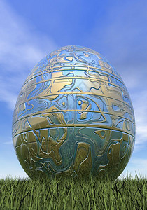 天丰富多彩的象征草地上一个色彩多的东方蛋由美丽的复活节鸡蛋3D制成图片