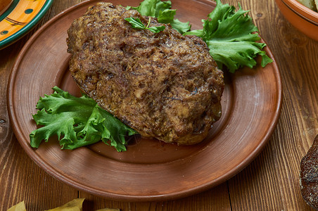 猪肉福罗伦哈雷丹麦肉饼烹饪传统各种菜类顶视晚餐肴背景图片