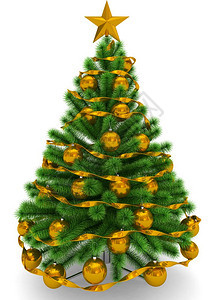 金子魅力圣诞树上装饰着金黄色圣诞球明星和丝带的圣诞树在白色3D铸造过程中被隔离夜晚图片