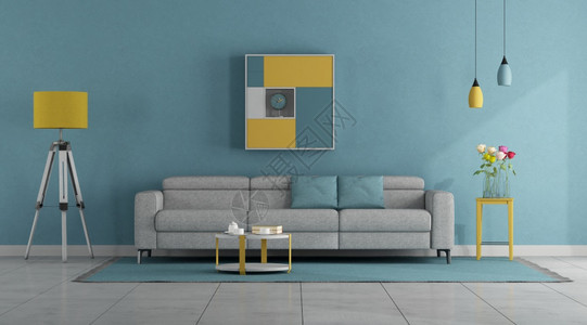 颜色地毯配有沙发和板灯的现代面纸客厅3D制成现代面色客厅粉彩图片
