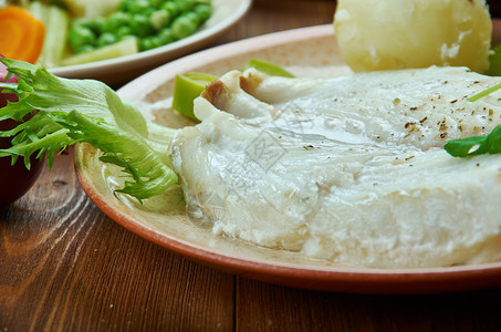 食物传统的卢特菲斯克Lutefisk是一些北欧的传统菜盘挪威烹饪传统各种菜类顶端观背景图片