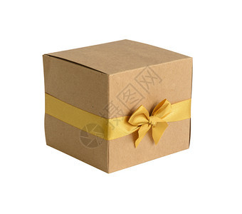 包装带金弓的棕色礼品盒白底隔离在色背景上丝带快乐的图片