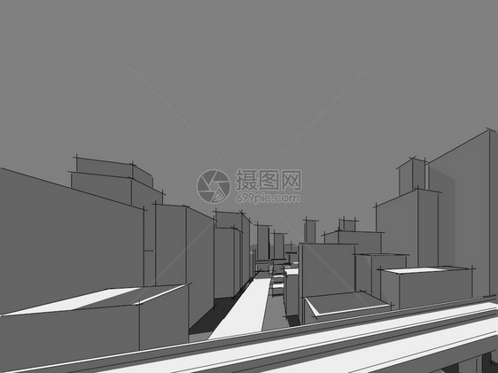 天空形象的黑色全景城市观Satch建筑草图3D插图图片