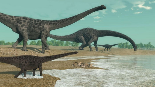 草食动物龙科Diplodocus恐龙在沙漠中寻找水每天3D化为Diplodocus恐龙群3D化为喝图片
