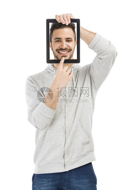 白色的微笑好帅年轻人展示平板电脑是自己的图画一种图片