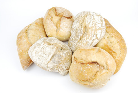 食物可口六杯新鲜面包和烤白小麦孤立在白色背景上束图片