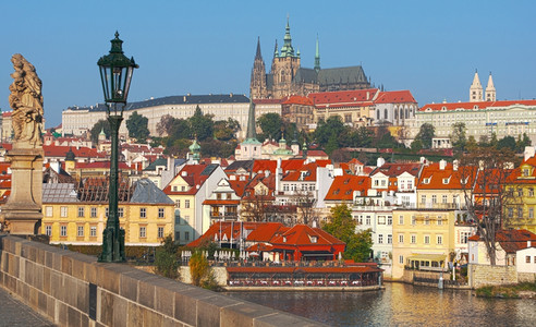 捷克布拉格城堡CharlesBridge的视野伏尔塔瓦河摩道建筑学图片