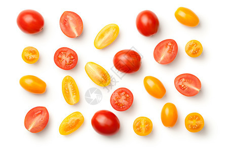 食物白色背景上孤立的红色和黄胡椒樱桃西柿生的李子图片