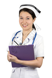 身穿白制服的亚洲美丽年轻护士孤立在白背景与剪切路线隔离的亚洲护士关心女听诊器图片