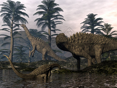 使成为Ampelosaurus恐龙家族在Cordaites树中行走3D渲染Ampelosaurus恐龙家族渲染数字的景观图片