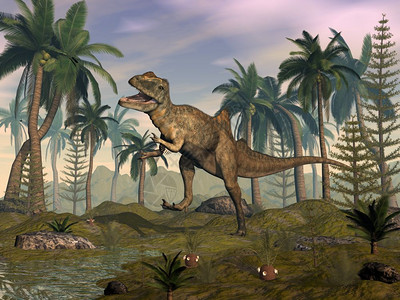 形象的时代史前召集人恐龙在沙漠中咆哮日落前棕榈树3D使得召集人恐龙在沙漠中咆哮图片