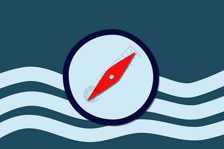 游艇波浪蓝色平面海洋贺卡上面有罗盘红箭旅行概念指南和红箭图片