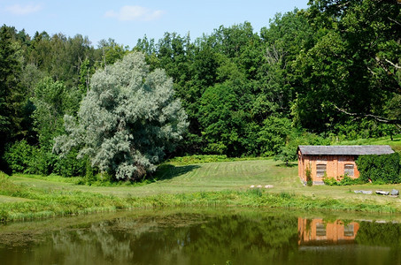 建筑学湖海岸池塘沿有房屋和森林的景观图片