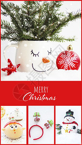卡片一种蛋糕圣诞卡上面有雪人和小精灵的口罩还有将圣诞快乐刻在红色背景上的白字图片