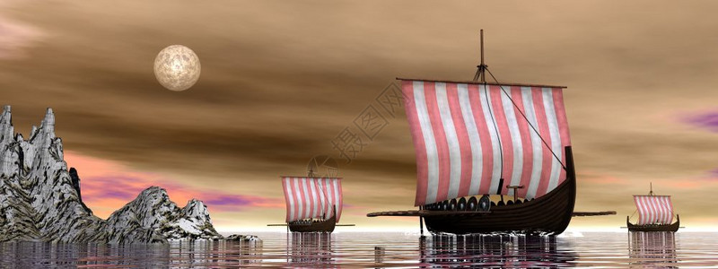使成为维京人帆船3艘德赖卡或维京舰在海洋之夜3D背景图片