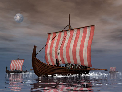 3艘德赖卡或维京舰在海洋之夜3D棕色的天德拉卡图片