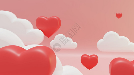 飞行红心漂浮在粉色的天空上3D降温爱浪漫的图片