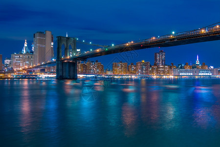 反射建筑学天空美国纽约市夜布鲁克林桥曼哈顿布鲁克林大桥和曼哈顿夜幕堤岸曼哈顿夜滨图片