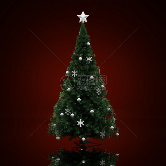 圣诞树装饰在黑暗的红色背景上星目的装饰品图片