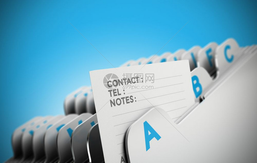 根据按字母顺序排列的文件夹选项卡重点是联系说明蓝色背景用于显示客户文件数据管理或地址列表的概念商业图像客户文件概念用户文件概念信图片