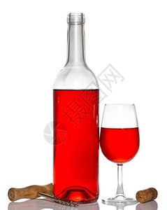 德米特罗葡萄酒和开瓶器上的与反射隔离在白色上银玻璃图片