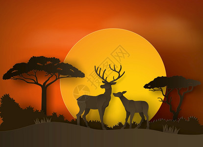 林中鹿日落纸工艺术和手风格动物非洲哺乳图片