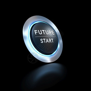 3D插图显示一个按键其中写出未来以蓝光在黑色背景上开始的推进按钮概念图像用于描述生活变化或战略愿景技术为了进化图片