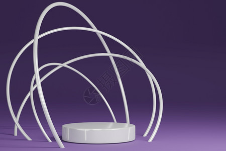 座站立圆形的产品摊台虫害气柱形状圆框架紫背景和白环3D投标图片