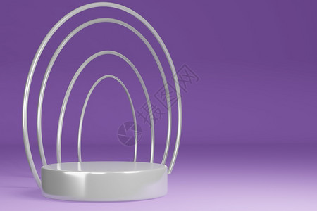 介绍站立画廊产品摊台虫害气柱形状圆框架紫背景和白环3D投标图片